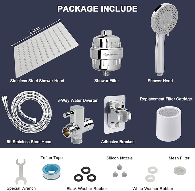 NearMoon Filtered Shower Head, High Pressure 8″Square, 5 settings Handheld Rain Shower Filter Combo with Self-adhesive Holder/1.5M Hose -1 Replaceable Filter Cartridge (Chrome Finish)