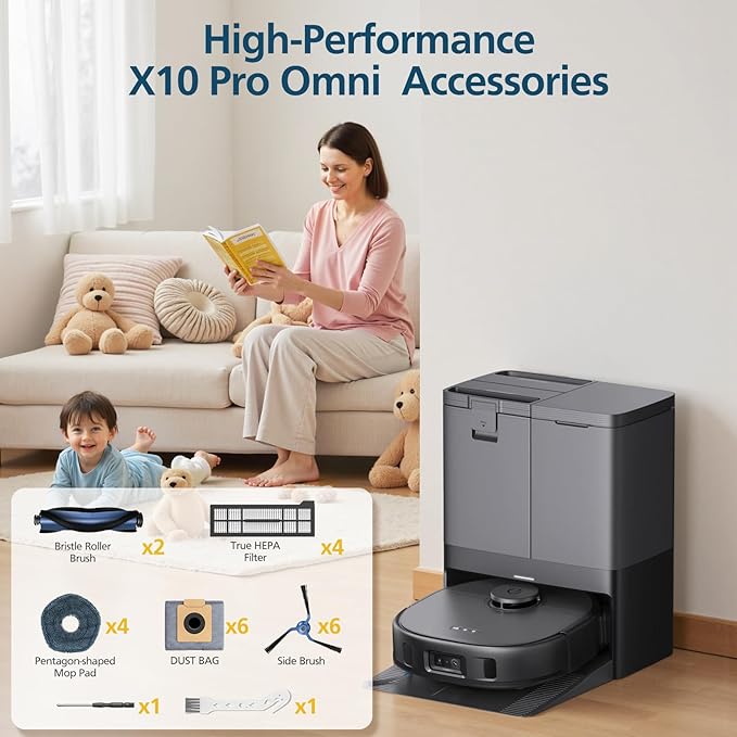 24 Pcs X10 Pro Omni Accessories for eufy X10 Pro Omni Robot Vacuum Accessories Kit, 2 Main Brush+ 4 Hepa Filters+ 4 Mop Pads+ 6 Vacuum Bags+ 6 Side Brushs+ 1 Cleaning Brush+ 1 Screwdriver