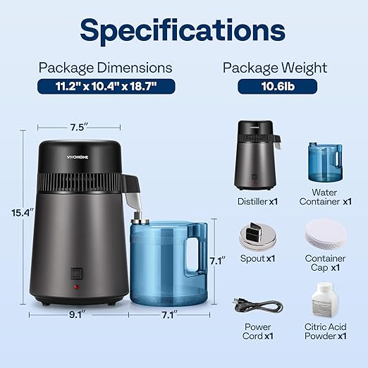 VIVOHOME Water Distiller Countertop 1.06 Gallon/4L 750W Distilled Water Machine with Smart Switch Purifier Filter for Home Office, Black