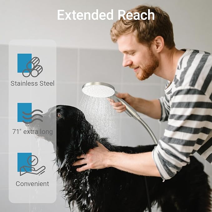 8.6 inch High Pressure 3-Way Shower Heads Combo, Pulsating Rainfall Shower Head, 6-Settings Dual Shower Head with Handheld Hose 6ft Brushed Nickel