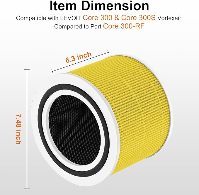 2-Pack Core 300 Replacement Filters for Levoit Core 300/S/S-P & VortexAir Purifiers – Yellow