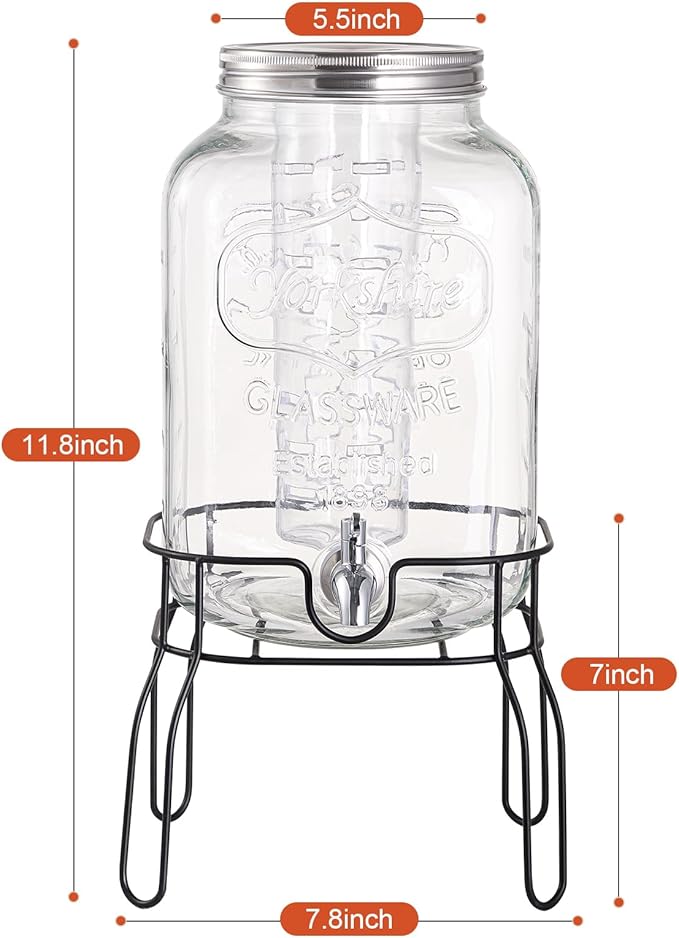 2 Gallon Glass Drink Dispensers for Parties, Beverage Dispenser with Stand, Fruit Infuser and Stainless Steel Spigot 100% Leakproof, Beverage Dispenser for Lemonade Sun Tea
