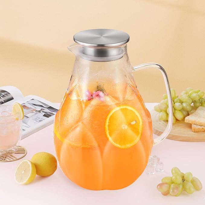 Glass Pitcher With Lid, 102oz Unique Petal Design, Stainless Steel Large Iced Tea Pitcher, Easy To Clean Lightweight Borosilicate Glass For Cold And Hot Beverages