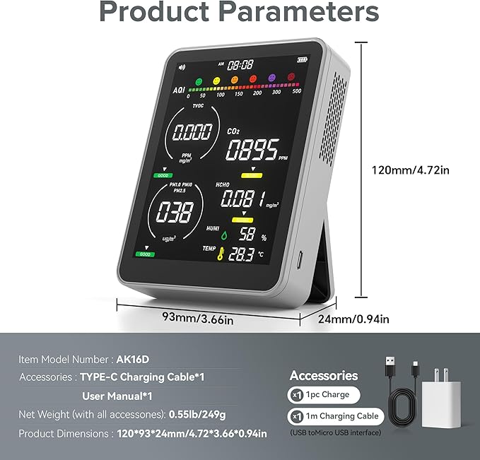 16 in 1 Air Quality Monitor Indoor-Portable Indoor Air Quality Meter with 7AQI Beep Alarm,for CO2,HCHO,TVOC,PM2.5, PM1.0,PM10,AQI,Temperature,Humidity & Time Display (Grey)