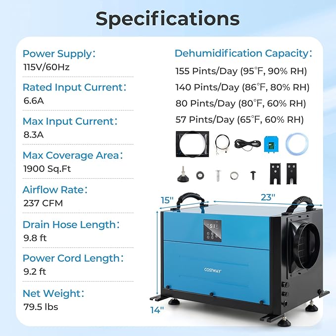 COSTWAY 155 PPD Commercial Dehumidifier, 1900 Sq.Ft Crawl Space Dehumidifier with 9.8 FT Drain Hose & Wired Remote Control Panel, Ideal for Basement, Warehouse (Blue)