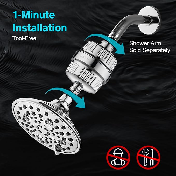 Cobbe 6-Setting High Pressure Filtered Shower Head Combo, Detachable Rain Shower Head with 20 Stage Shower Head Filter for Hard Water - Remove Chlorine and Harmful Substances, Chrome