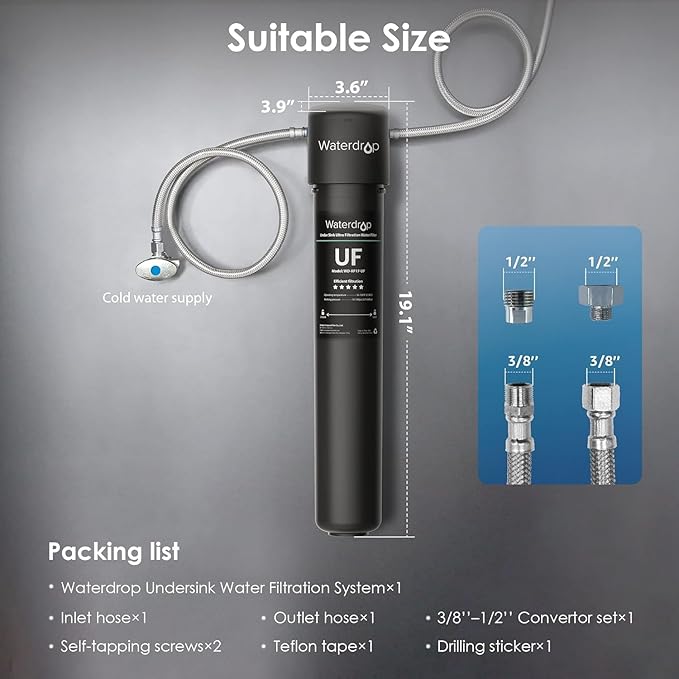 Waterdrop 17UA-UF Under Sink Water Filter, 3 Years or 24K Gallons, NSF/ANSI 42 Standard, 0.01 Micron Ultra Filtration for Baçtёria Reduction, Reduces Lead, Chlorine