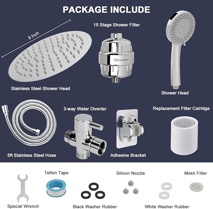 NearMoon Filtered Shower Head, High Pressure 8″Round Rain Shower and 5 settings Handheld Shower Filter Combo with Self-adhesive Holder/1.5M Hose -1 Replaceable Filter Cartridge (Chrome Finish)