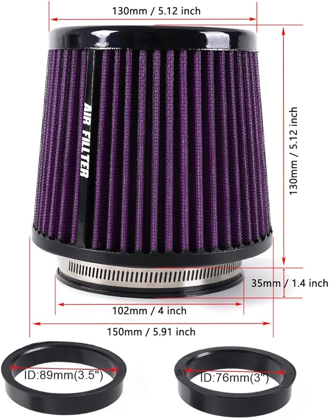 4-Inch Cold Air Intake Filter - Washable, High Performance, 3" or 3-1/2" or 4" Clamp-On Replacement Cone Air Filter Universal 3 Sizes in 1 Purple