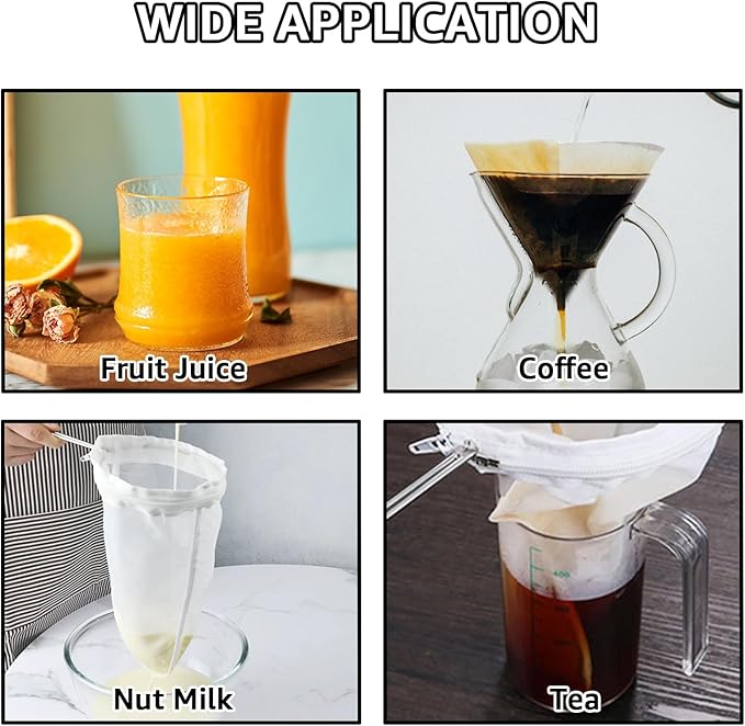 10Pcs Extra Fine Mesh Strainer Bags with Handle, Reusable Cheesecloth Bag, Kitchen Strainer Filter for NutMilk, Coffee, Milk, Tea, Juices and Fresh Cheese, Large, White