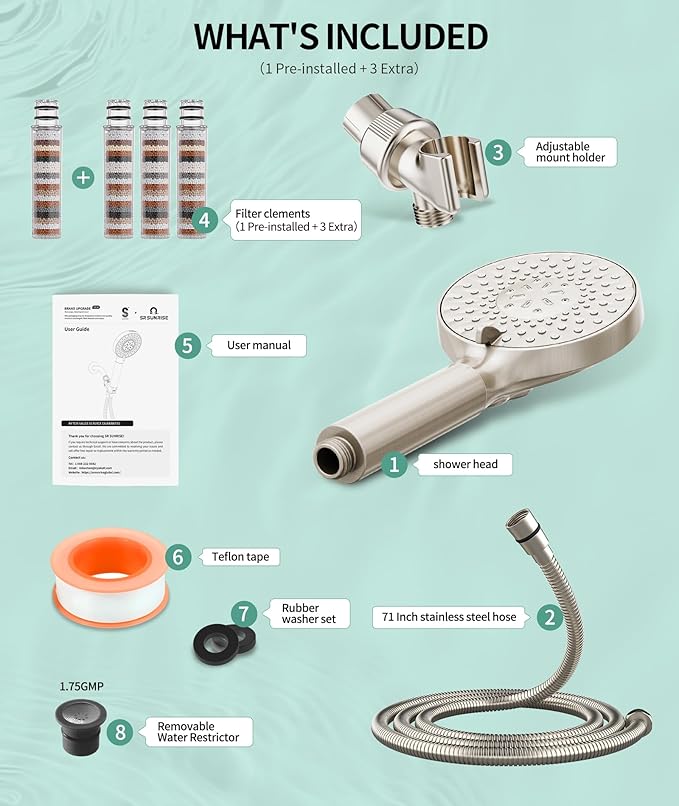 Filtered Shower Head with Handheld, High Pressure 9 Spray Mode Brushed Nickel Showerhead with 4 Filters, Detachable Shower Head, Water Softener Filters Beads for Hard Water - Remove Chlorine