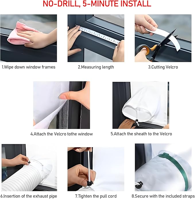 Universal Portable AC Window Seal Kit, Adjustable 40-63" Sliding Window Vent Panel w/Drawstring and Adhesive, No-Drill Insulation for Air Conditioner and Dryer Hose (White)