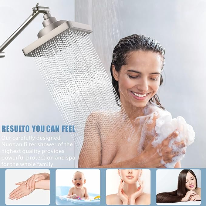 High Pressure Rain Shower Head with Filtered - 6" Square Showerhead Filter for Remove Chlorine and Harmful Substances, Improve Hair and Skin Problems, Brushed Nickel