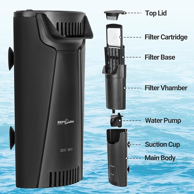 REPTIZOO Turtle Tank Filter Aquarium Corner Internal Filter, 92GPH Low Water Level Aquarium Filter with 3-Stage Bio-Filtration, Flow Adjustable Quiet Internal Filter for Turtle/Fish Tank