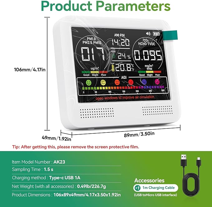 16-in-1 Air Quality Monitor Indoor with 7AQI Beep Alarm, CO2 Monitor, Air Quality Detector with PM1.0 | PM2.5 | PM10 | Temp | HUM | Formaldehyde | VOC Tester for Home Office Plant (Pearly White)