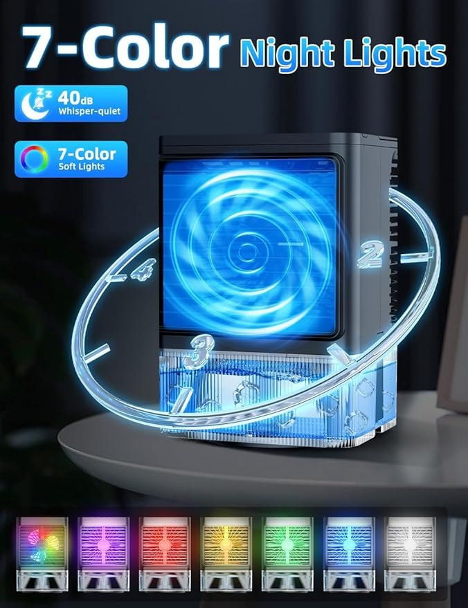 Small Air Conditioner w/ 3 Speeds&3 Modes, Remote, 1100ML Tank Humidifier, 8-Cube Ice Tray, 120ยฐ Oscillating, 4 IN 1 Portable Air Conditioners, 7-Color Light, 4H Timer Desk AC Unit for Bedroom