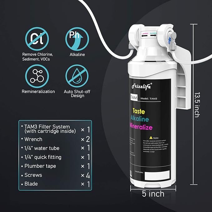 Frizzlife TAM3 Under Sink Inline Water Filter - Alkaline PH+ Remineralization, NSF/ANSI 42 Certified, Adjust Taste & PH, Restore Essential Minerals, 1/4" Pipe Fits for Reverse Osmosis Systems