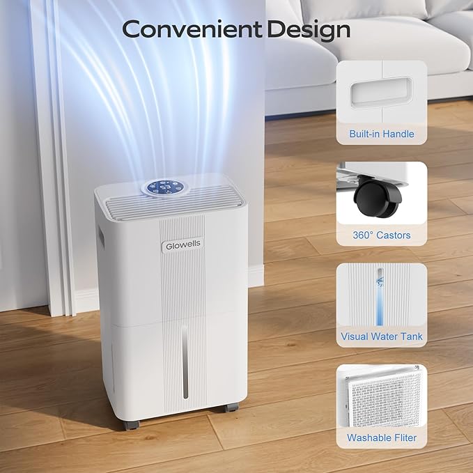 1600 Sq.ft Dehumidifiers for Home, Glowells 21 Pints Dehumidifier with Drain Hose for Basement, Smart Humidity Control Moisture Removal, 3 Operation Modes for RV, Bathroom, Bedroom