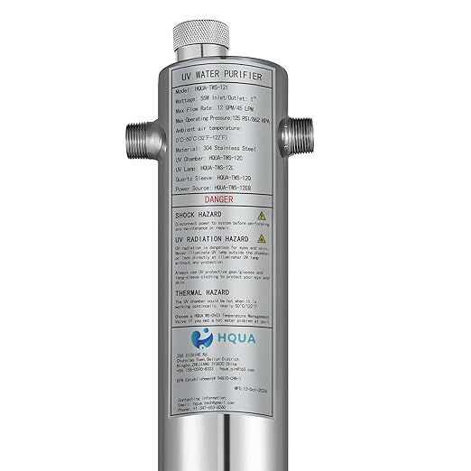HQUA-TWS-121 120V 55W 12GPM 1“ MNPT Inlet/Outlet, Whole House Ultraviolet Water Purifier Filter, + 1 Extra UV Bulb, + 1 Extra Quartz Sleeve