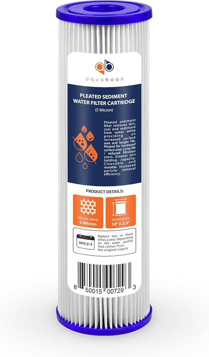 Aquaboon 5 Micron 10x2.5 Whole House Pleated Sediment Filter Cartridge for Well Water Filter Replacement Compatible with WFPFC3002, WHKF-WHPL, 50-Pack
