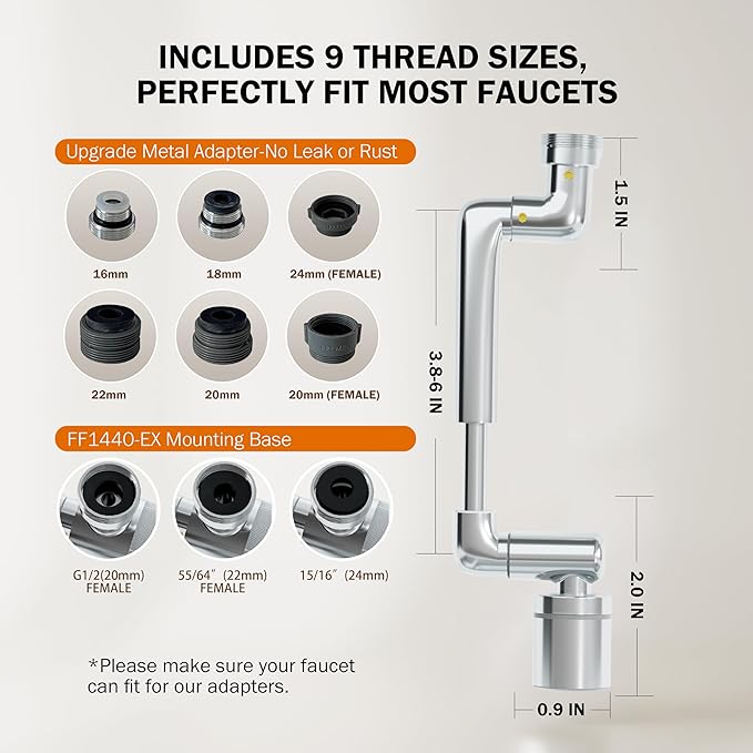 Frizzlife 1440° Swivel Faucet Extender Sink Aerator, 3-Mode Sprayer Water Filter Extension, 1080° Robotic Arm + 360° Rotating Universal Tap Attachment For Bathroom/Kitchen & Washing Hair/Face/Kids Use