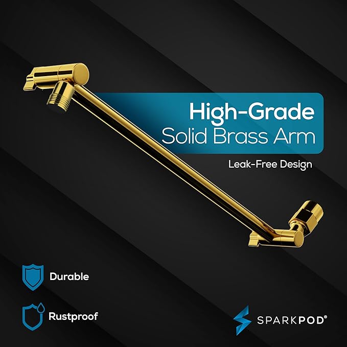 SparkPod Round Rain Shower Head with Extension Arm - Height Adjustable Shower Head with High Pressure Performance - Easy 1-Minute Installation (16" Arm Extension, Egyptian Gold)