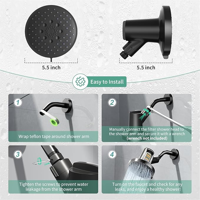 SR SUN RISE Filtered Shower Head with Filters- High Pressure Rain Shower Head,with 20-Stage shower Filter,6 Spray Modes for Hard Water Softener, Remove Chlorine & Heavy Metals (Black,5.5 Inch Round)