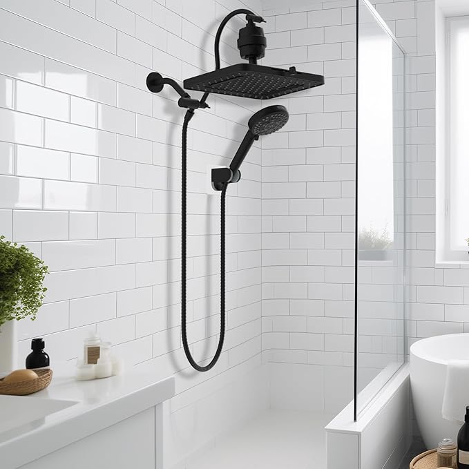 Hibbent Upgraded 5-spray 13'' Dual Filtered Rainfall Shower Head Combo, High Pressure 10-setting Handheld Shower Head with 12'' Adjustable Extension Arm, 20 Stage Shower Filter, 71'' Hose, Matte Black