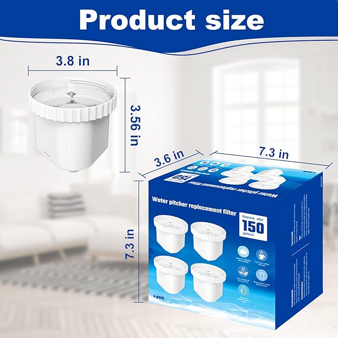 Water Filter Compatible with Epic Water Pitcher, Aquagear, Seychelle - 150 Gallon Filter Replacement, Removes Odors, Fluoride, BPA Free - 4 Pack