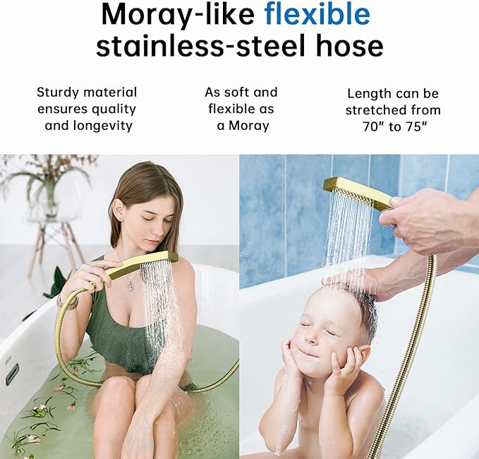 G-Promise All Metal 10 Inches Rainfall Shower Head with Handheld Spray Combo, 3 Settings Diverter, Adjustable Extension Arm with Lock Joints, 71 Inches Stainless Steel Hose (Polished Brass)