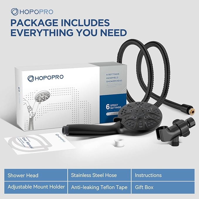 6-Mode High Pressure Handheld Shower Head with Power Wash, HOPOPRO High Flow Hand Held Showerhead Set with Built-in Power Spray to Clean Tub Tile Pets Bathroom Flooring
