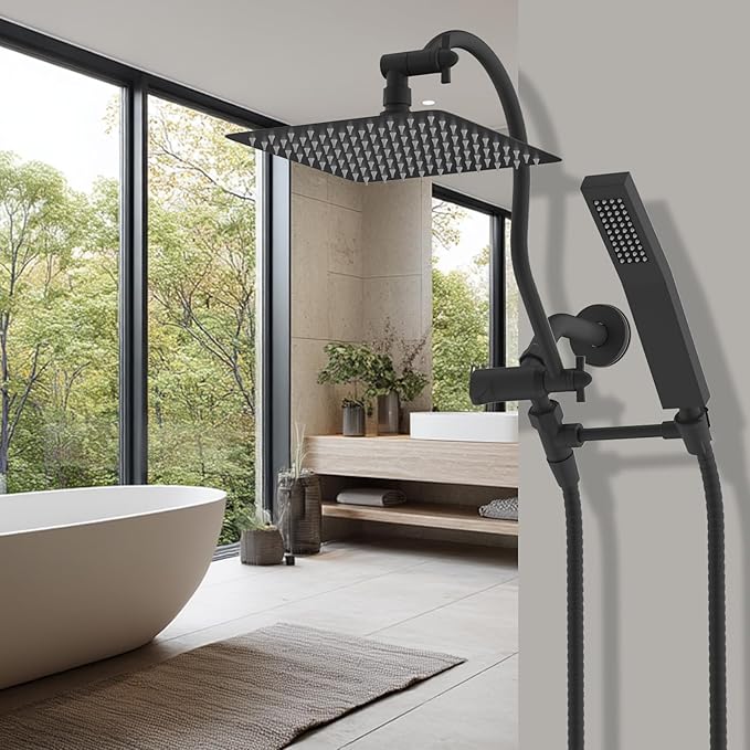 Hibbent All Metal Shower Head, 10'' High Pressure Rainfall Shower Head, Showerhead Combo, Handheld Shower Wand, 12'' Adjustable Curved Shower Extension Arm, 71'' Hose, Shower Head Holder, Matte Black