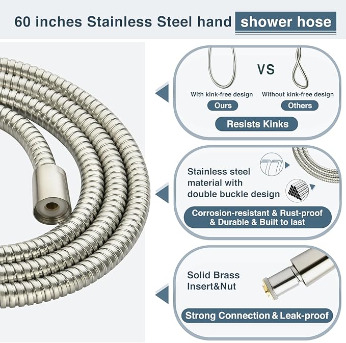 BRIGHT SHOWERS Rain Shower Head with Handheld Spray, 8 Inch Rainfall Shower Head Combo with 60" Hose, Adjustable Dual Square Showerhead Set with 3-Way Diverter, Wall Bracket, Brushed Nickel