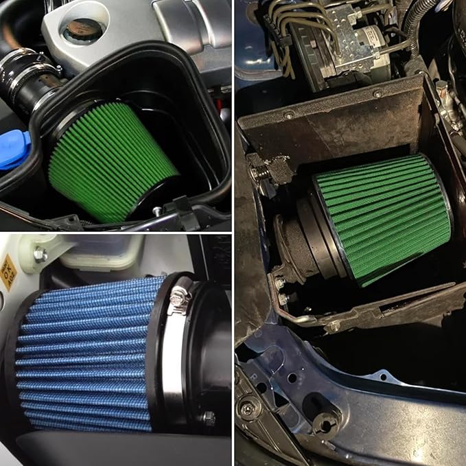RULLINE 76mm 89mm 102mm Air Filter 3" 3.5" 4" Cold Air Intake Universal Clamp-On Air Filter Three Different Size High Flow Round Tapered Cone Cool Cleaner Green