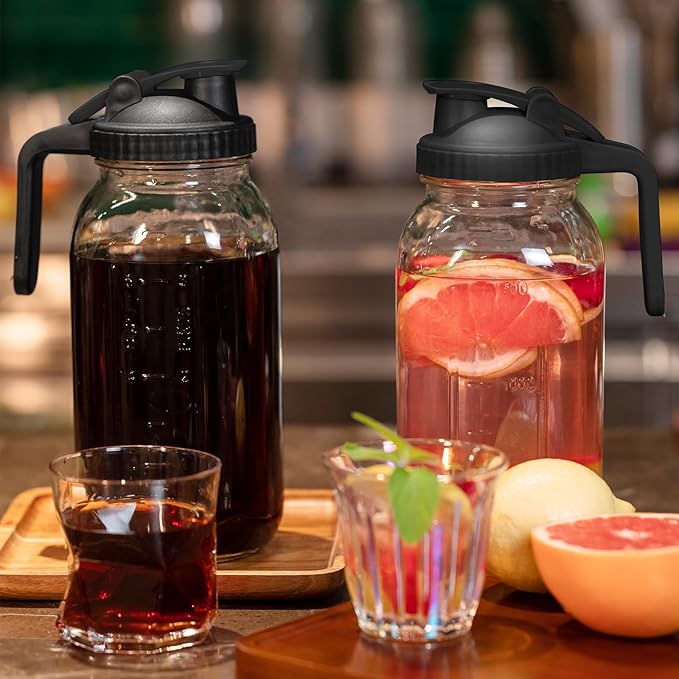 Glass Mason Jars Pitcher 64 Oz Pour Spout Lids & Handle (2 Pack) Wide Mouth Airtight Leak Proof Fridge Breast Milk Pitcher With Top Flip Cap 2 Quart Water Jug For Cold Brew Coffee, Iced Tea,