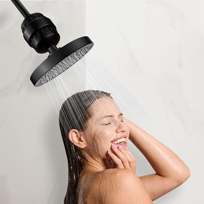 High Pressure Filtered Shower Head Set, 6’’ Rain Shower Filter for Hard Water, Universal Round Showerhead 20 Stage Filtration Removes Impurities for Rejuvenated Skin by Eolax, Matte Black
