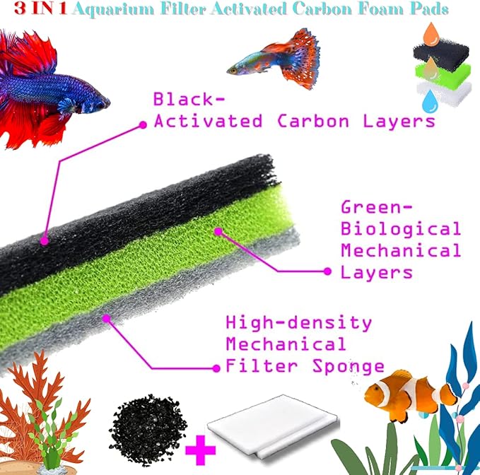 CORISRX 3IN1 Aquarium Filter Sponge Foam Pads - Filter Media for 20 Gallon Betta Fish Tank Supplies, Brine Shrimp Coarse Sponge Bio Filter Sheet - Filter Sponge Accessories (Plus Activated Carbon)