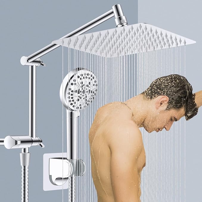 iFealClear Metal Rain Shower Head, 10” High Pressure Rainfall Shower Head with Handheld Spray Combo, 10-Spray Handheld Built-in Power Wash, 16" Shower Extension Arm, 71" Hose, 3-Way Diverter, Chrome
