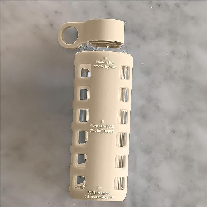 purifyou 40oz / 32oz / 22oz / 12oz Borosilicate Glass Water Bottle with Time & Volume Markers, Silicone Sleeve, Stainless Steel Lid | Reusable Glass Bottle for Water & Juice (12oz Pearled Ivory)