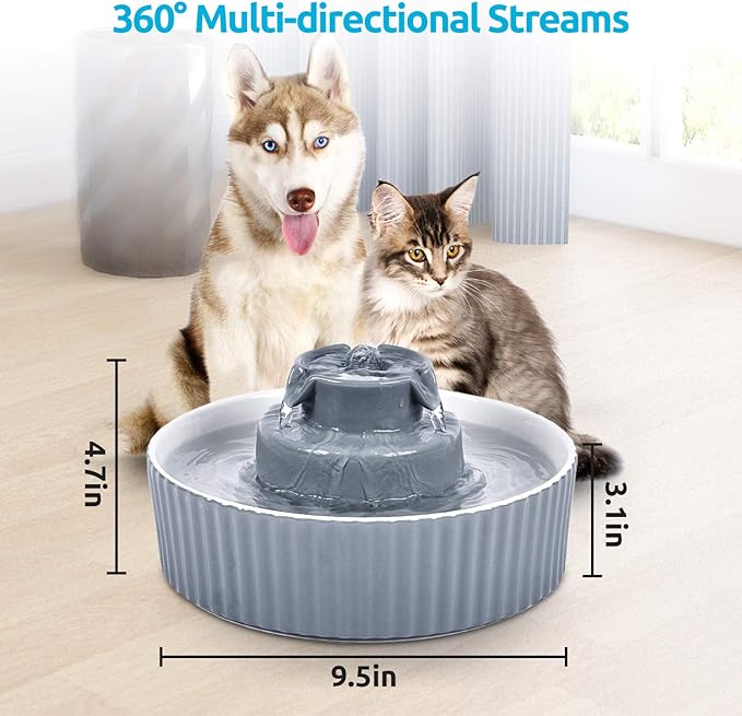 2.1L Ceramic Cat Water Fountain-for Cats and Dogs, 360 Ceramic Pet Fountain-70 Oz Large Water Capacity - Whisper-Quiet Water Flow-Great for Shy or Timid Pets - Fresh, Filtered Water (Grey)