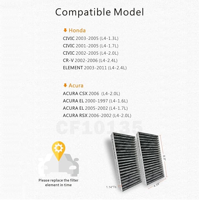 CF10135 Cabin Air Filter with Activated Carbon Compatible with Honda Civic 2001-2005/CR-V 2002-2006/Element 2003-2011, Compatible with Acura CSX 2006/EL 1997-2000/RSX 2002-2006