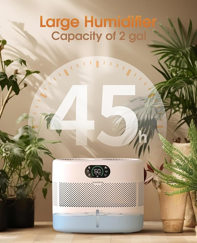 Reuseable Wick Evaporative Humidifier for Bedroom Quiet Healthy Baby Humidifier, No White Dust, Evaporative Humidifier Large Room 800ml/h 3 Speeds, 2 Gal, Timing, Auto Shut off