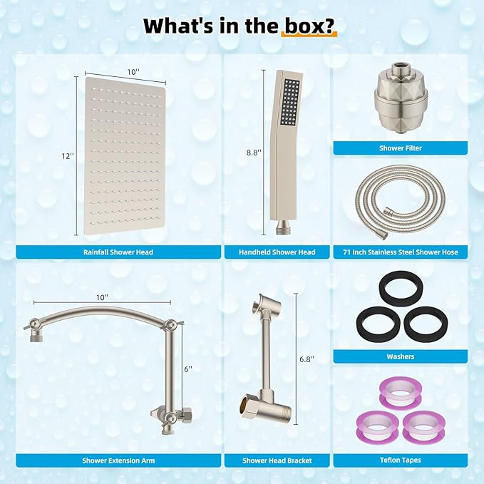 Hibbent Metal 12'' Filtered Rainfall Shower Head with Handheld Combo, High Pressure Shower Wand, 16'' Adjustable Arc Extension Arm, 20 Stage Shower Filter, 71'' Hose,Shower Holder, Brushed Nickel