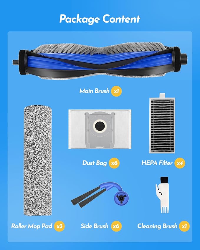 21 PCS Replacement Parts Compatible with Ecovacs Deebot X9 Pro Omni Robot Vacuum Cleaner, Accessories Kit: 1 Main Brush,6 Side Brushes,4 HEPA Filters, 6 Dust Bags, 3 Roller Mops, 1 Cleaning Brush