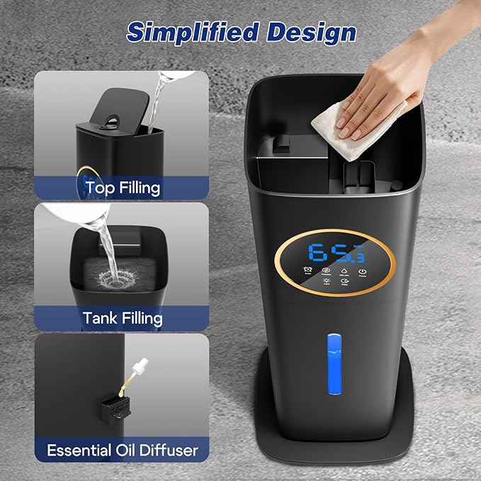 Humidifiers for Bedroom, 2.1Gal/8L Humidifier large room with Essential Oil Diffuser, Top Fill Whole House Cool Mist Humidifiers for Plants Baby Kids Adults(Black)