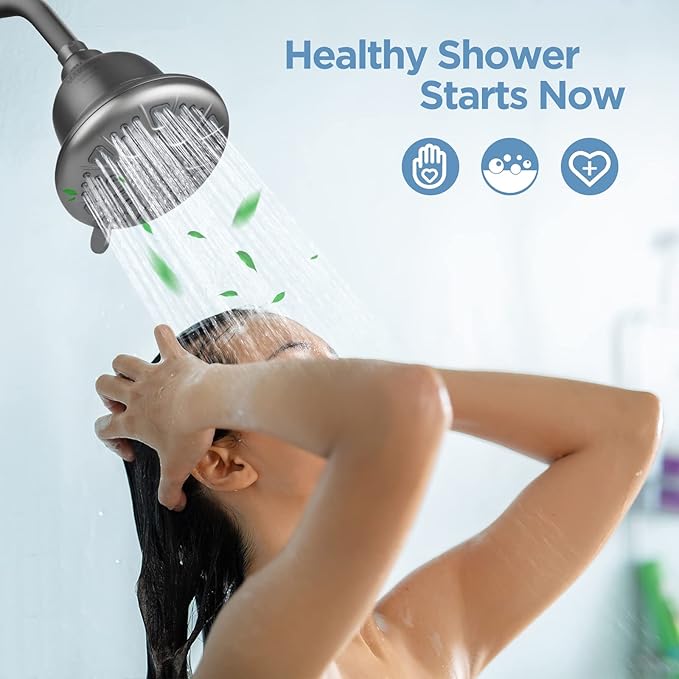 Filtered Shower Head - High Pressure Shower Head with filter for Hard Water - Rain Shower Head Water Softener - Luxury 7 Settings Adjustable Water Filter Showerhead Body Sprays (Gray)