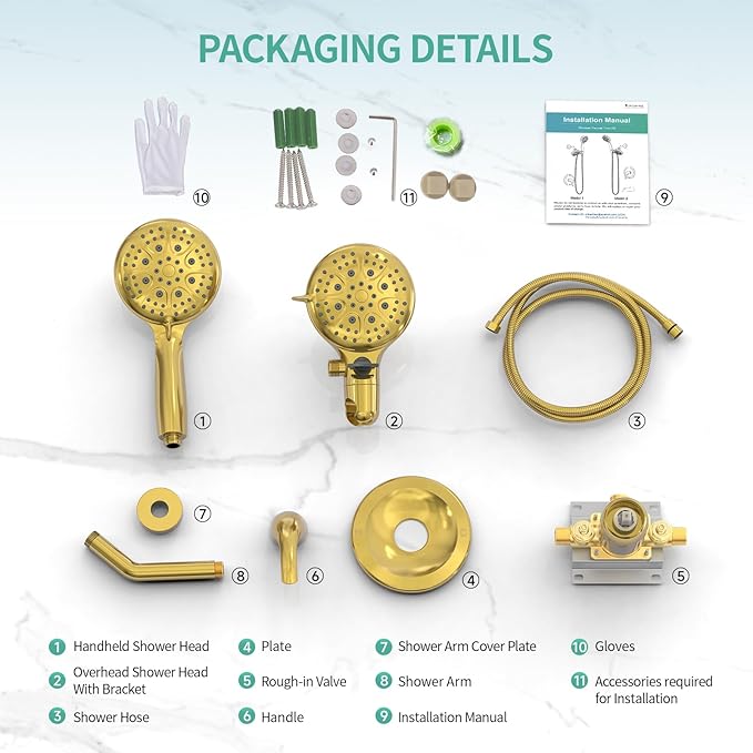 SR SUN RISE High Pressure 3-Way Rainfall Shower Faucet, 3 in 1 Shower Head and Handheld Shower Combo Set with 71” Hose, Easy to Clean Bathtub or Pets, Valve and Shower Trim Kit, Brushed Gold