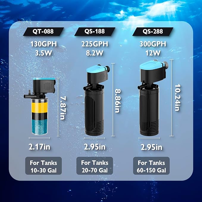 AquaMiracle Submersible Aquarium Filter 3-Stage in-Tank Filter with Dual Water Outlet & Aeration, Water Flow Adjustable 300GPH Internal Fish Tank Filter for 60-150 Gallon Aquariums