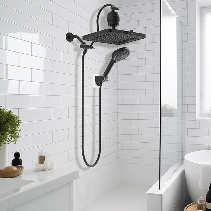 Hibbent 5-spray 13'' Dual Filtered Rainfall Shower Head Combo, High Pressure 10-setting Handheld Shower Head with 12'' Adjustable Extension Arm, 20 Stage Shower Filter, 71'' Hose, Oil Rubbed Bronze