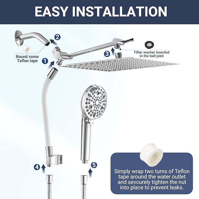 All Metal 3-Way Rain Shower Head,10 Spray High Pressure Showerhead Combo,Shower Filter Head For Hard Water, Adjustable Bar Upgrade Dual Shower Head-Reduces Dry Itchy Skin Chrome